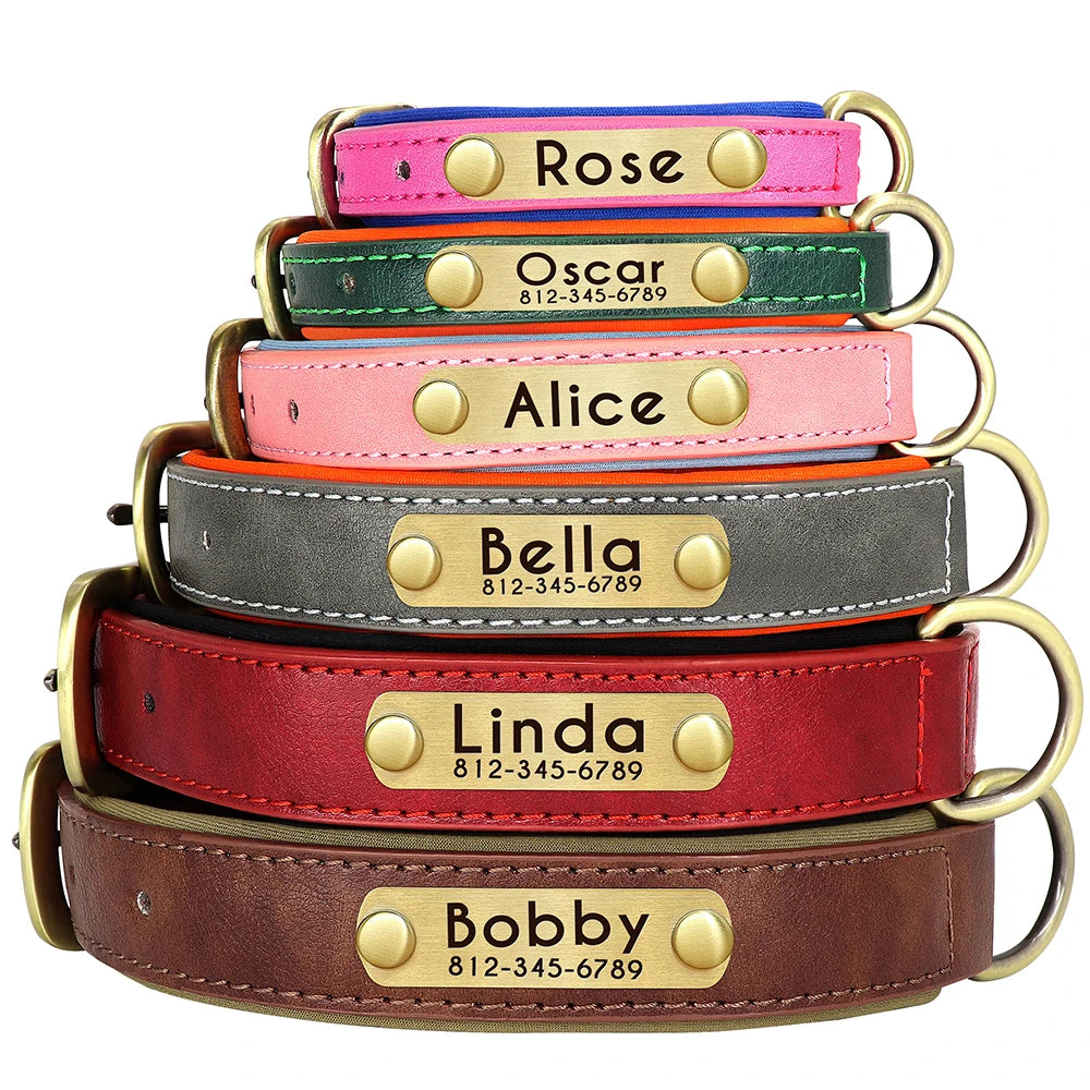 Personalized PU Leather Dog Collar – Free Custom Engraved Name ID | Soft Padded Adjustable Collar for Small, Medium & Large Dogs